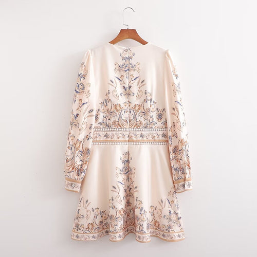 Spring Women's Long Sleeve V neck Printing Positioning Dress