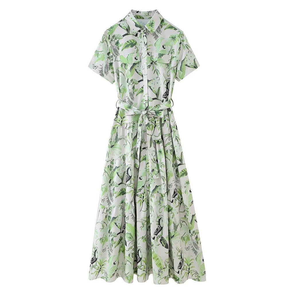 Women's Printed Belted Shirt Maxi Dress