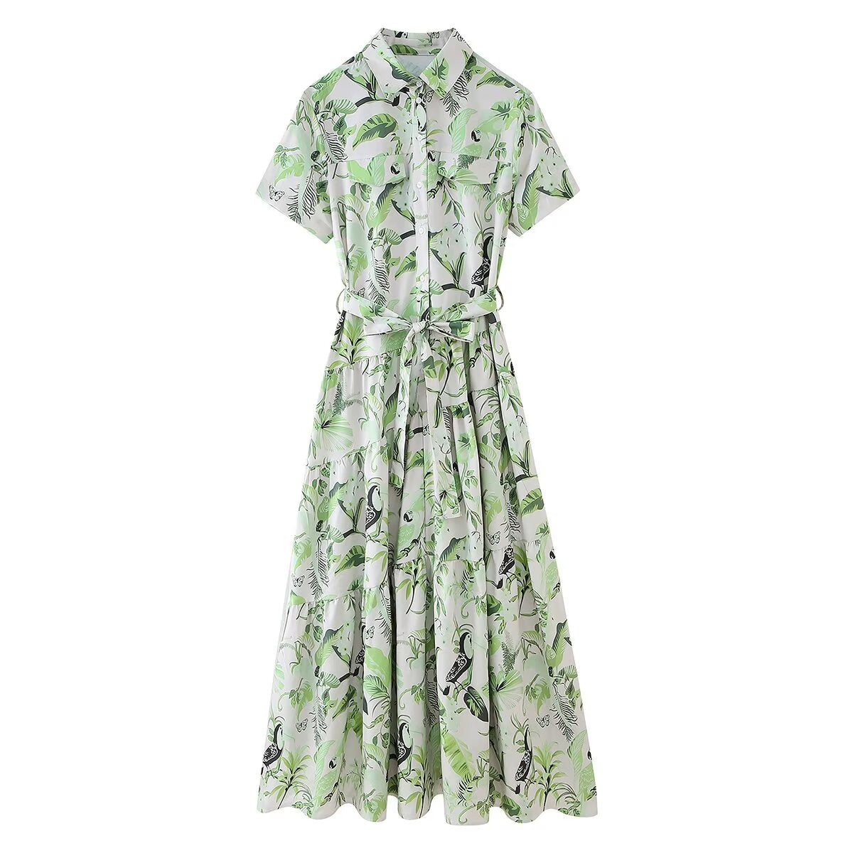 Women's Printed Belted Shirt Maxi Dress