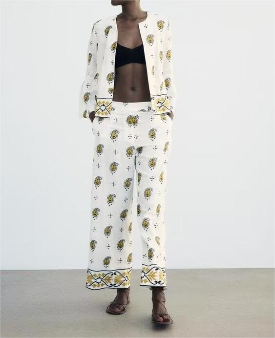 Women's Embroidered Cardigan Blazer Wide Leg Pants