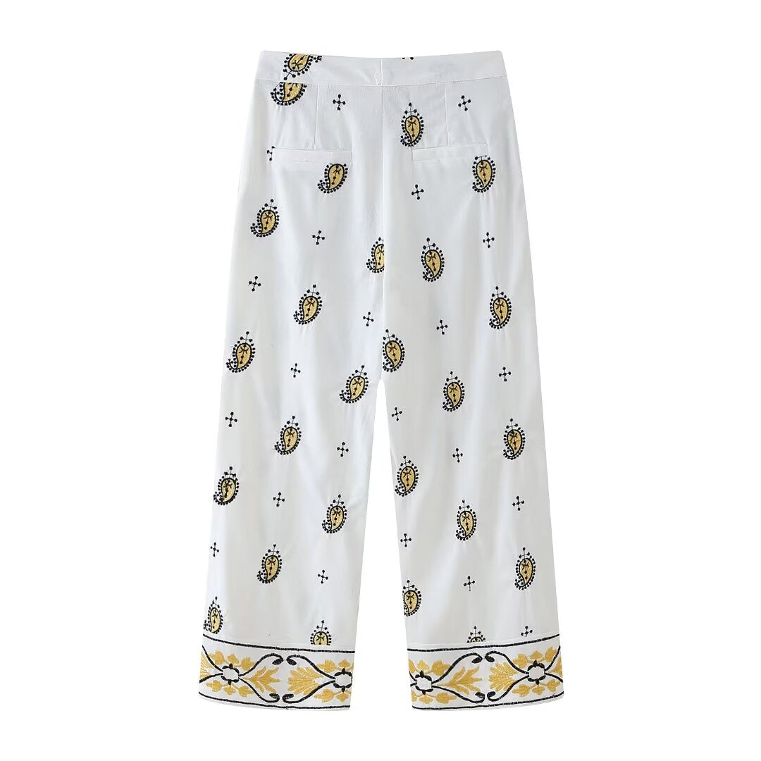 Women's Embroidered Cardigan Blazer Wide Leg Pants