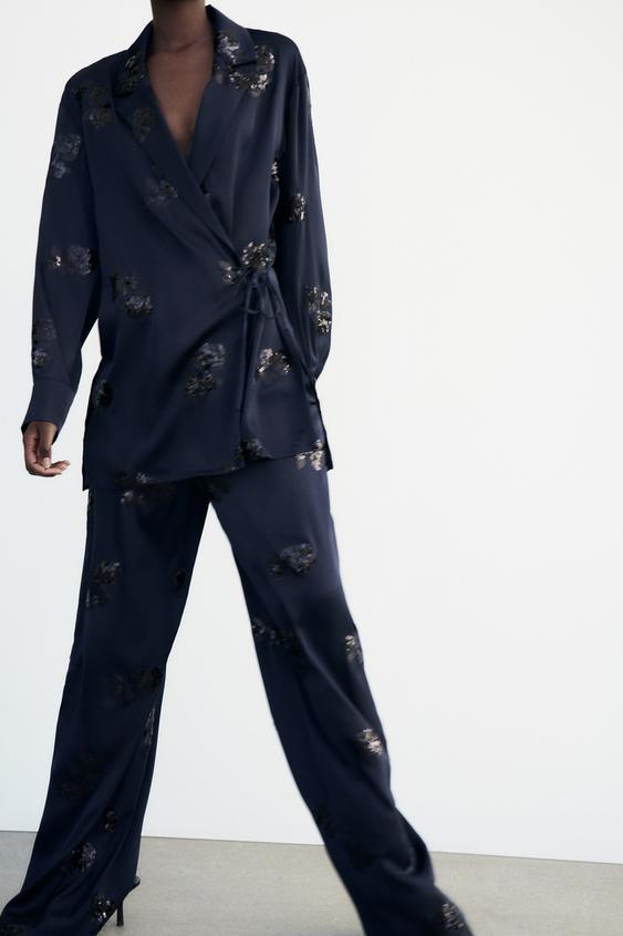 Sequined Satin Kimono Jacket Trousers Set