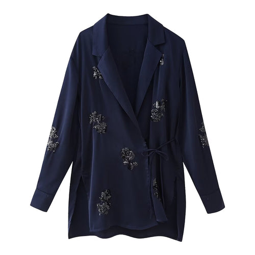 Women Sequined Satin Kimono Jacket Trousers Sets