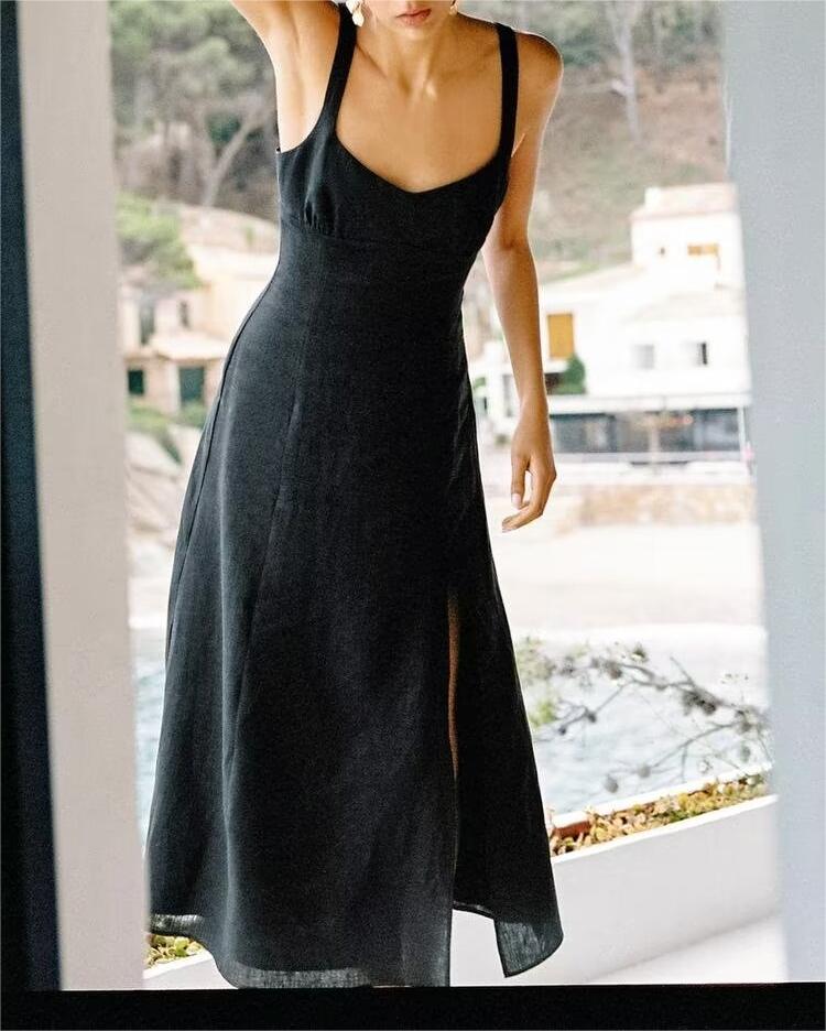 V-Neck Spaghetti-Strap Split A-Line Maxi Dress