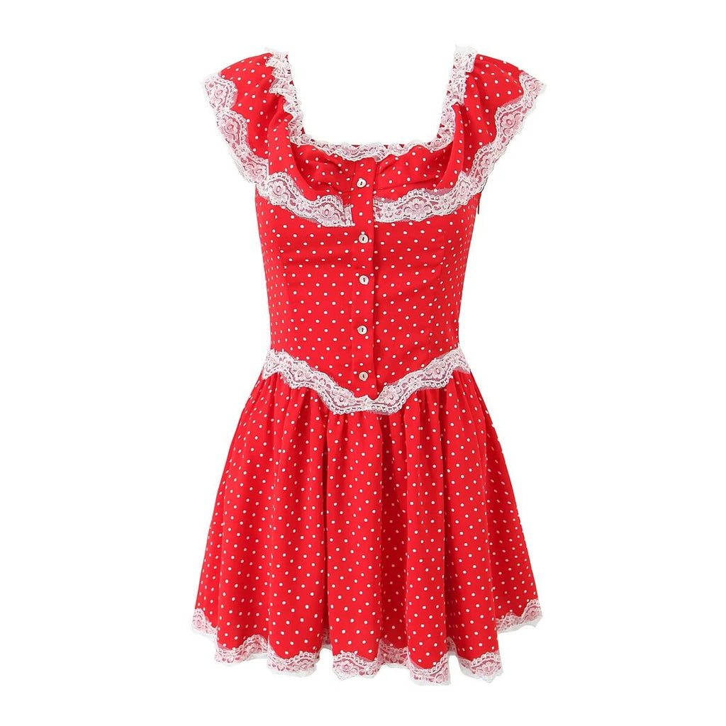 Women's Lace-Trim Polka-Dot Square-Neck Mini Dress