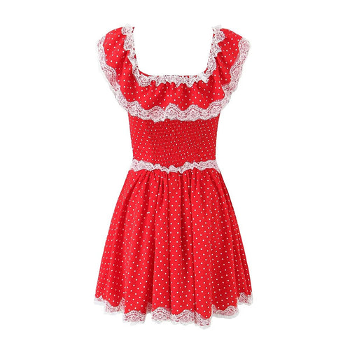 French Lace Polka Dot Print Dress Women Niche Slim Fit Fitted Waist Pleated Short Summer