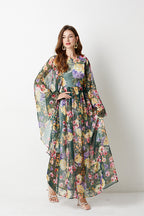 Floral Chiffon Long-Sleeve A-Line Maxi Dress