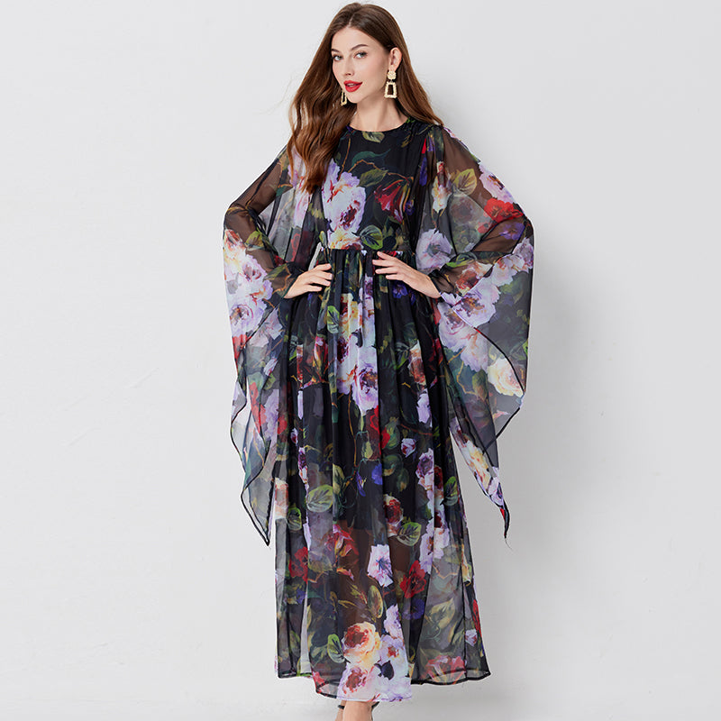 Floral Chiffon Long-Sleeve A-Line Maxi Dress