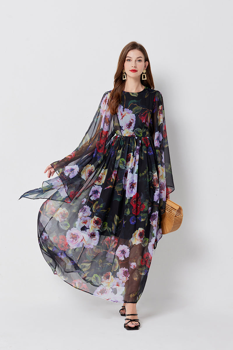 Floral Chiffon Long-Sleeve A-Line Maxi Dress
