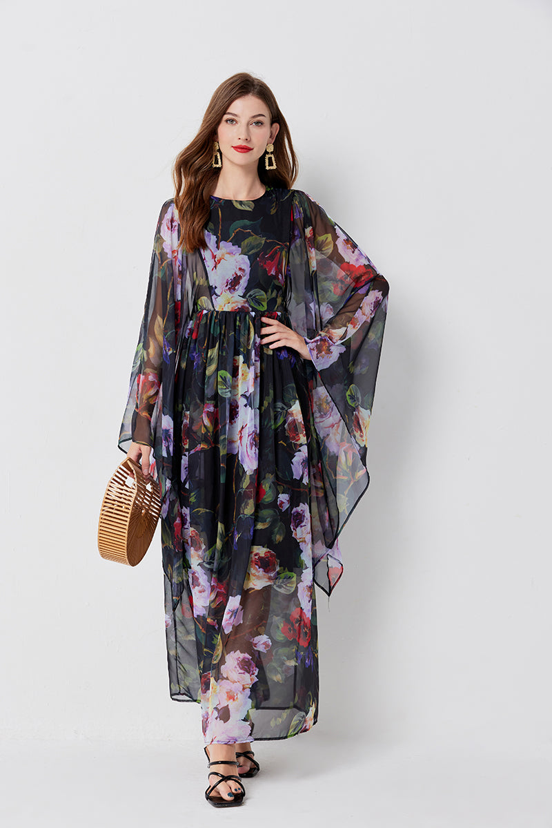 Floral Chiffon Long-Sleeve A-Line Maxi Dress