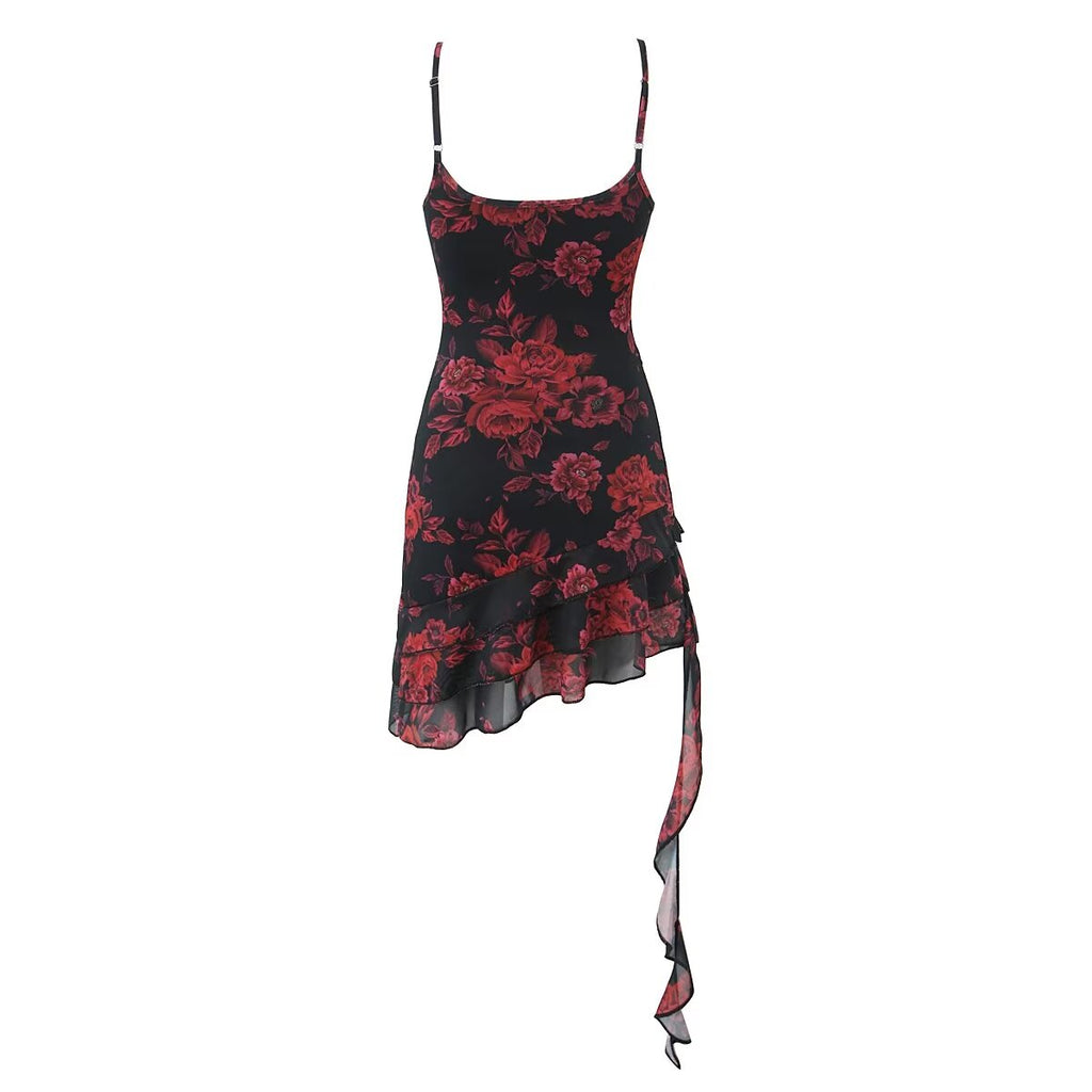 Retro Printed Irregular Asymmetric Spaghetti Strap Hip Dress