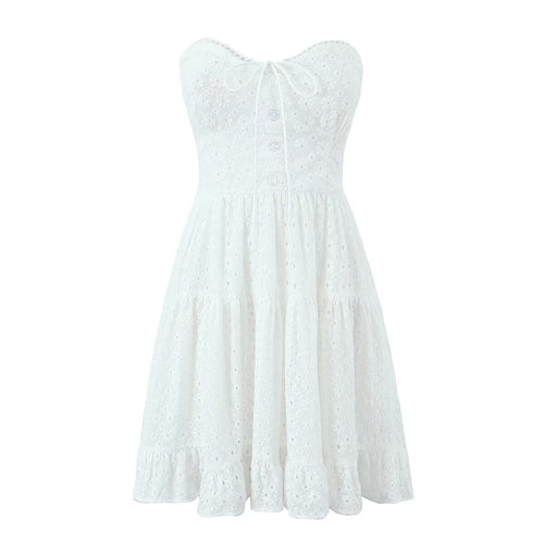 Women's Spring French Pure White Butterfly Lace Up Single Breasted Decorative Wrapped Chest Waist Lace Dress