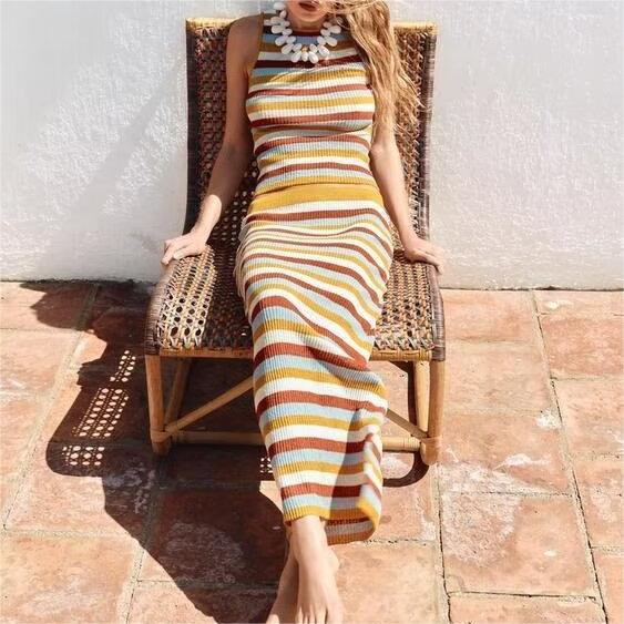 Women's Spring Women Clothing Knitted Striped Coat Dress