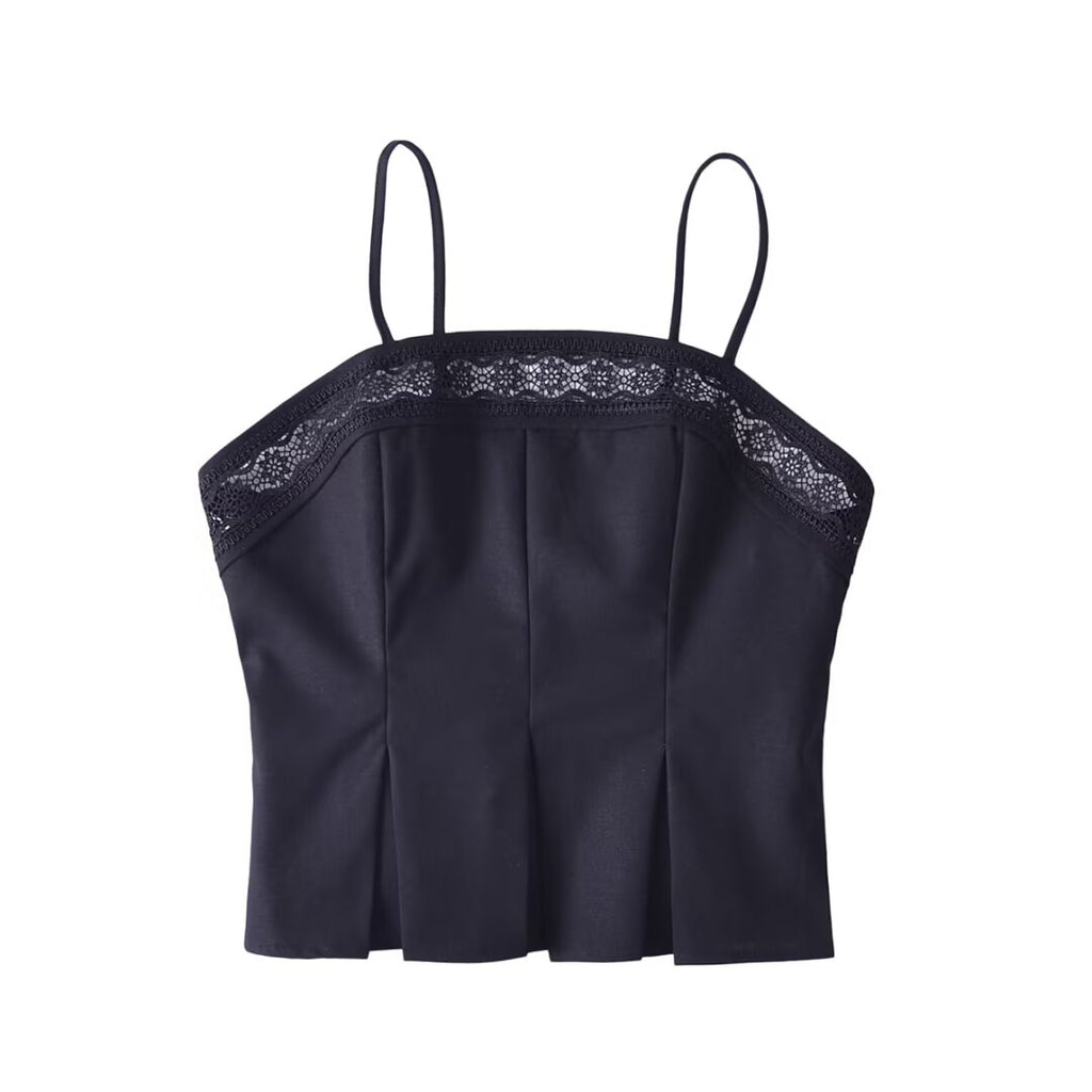 Palace Lace Backless Hem Pleated Slim Strap Top
