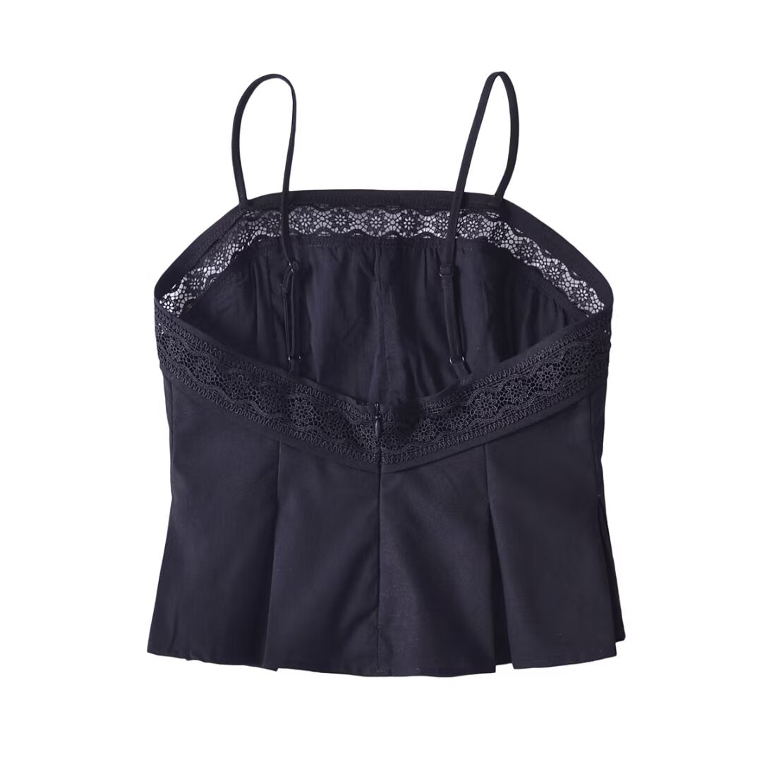 Palace Lace Backless Hem Pleated Slim Strap Top