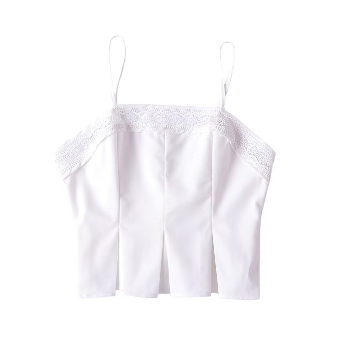 Palace Lace Backless Hem Pleated Slim Strap Top