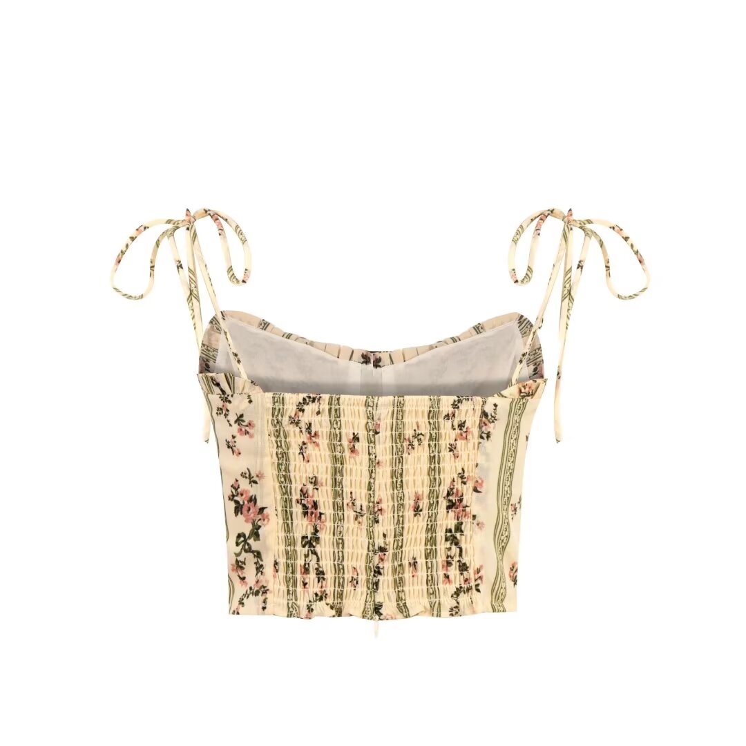 Women’s French Floral Smocked Spaghetti Strap Crop Top