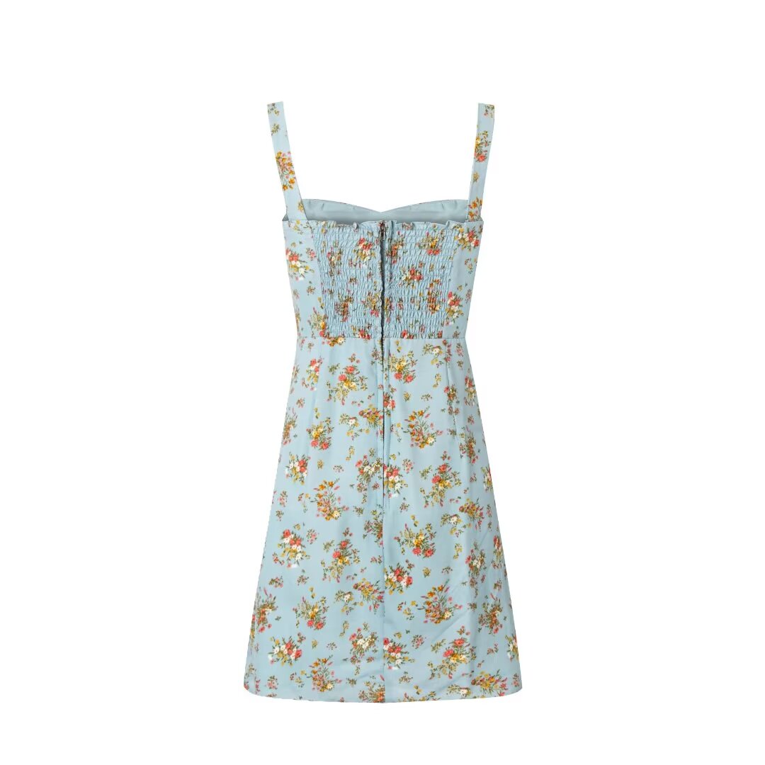 French Vacation Blue Background Printed Back Pleated Zipper Slip Dress