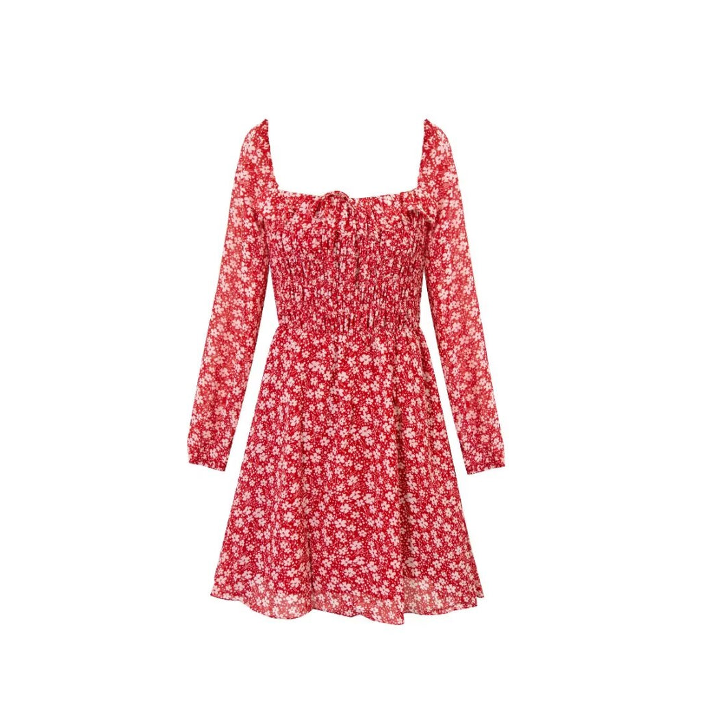French Floral Square-Neck Long-Sleeve Dress Summer Elegant