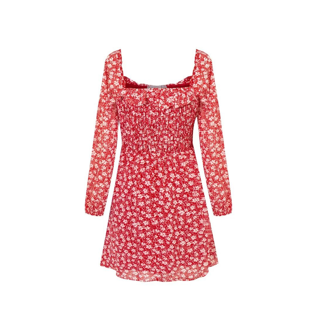 French Floral Square-Neck Long-Sleeve Dress Summer Elegant