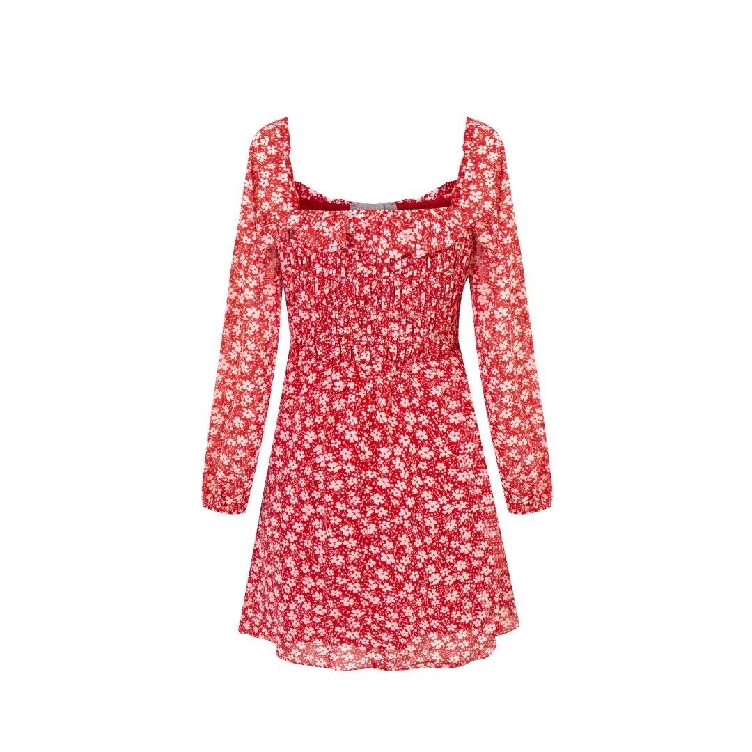 French Floral Square-Neck Long-Sleeve Dress Summer Elegant