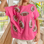 Women's Casual Summer Sequ Rugby Round Neck Pullover T Shirt Short Sleeve Top For Women