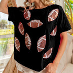 Women's Casual Summer Sequ Rugby Round Neck Pullover T Shirt Short Sleeve Top For Women