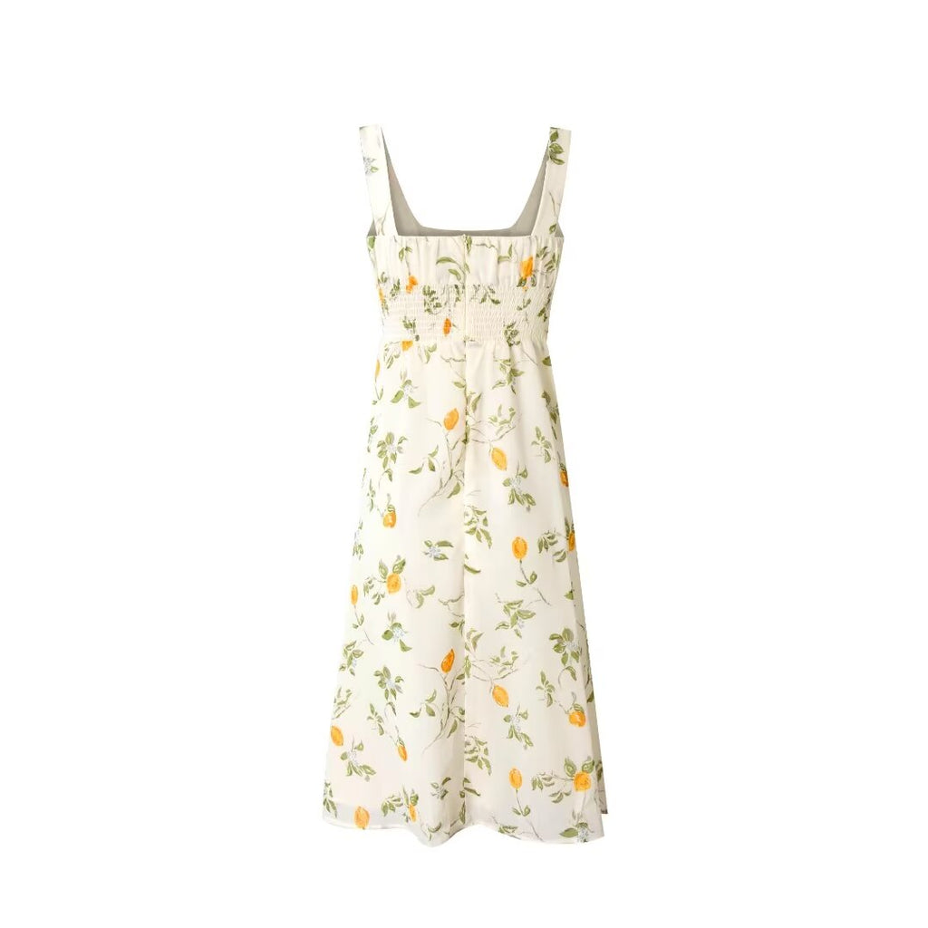 Lemon-Print Square-Neck Swing Dress