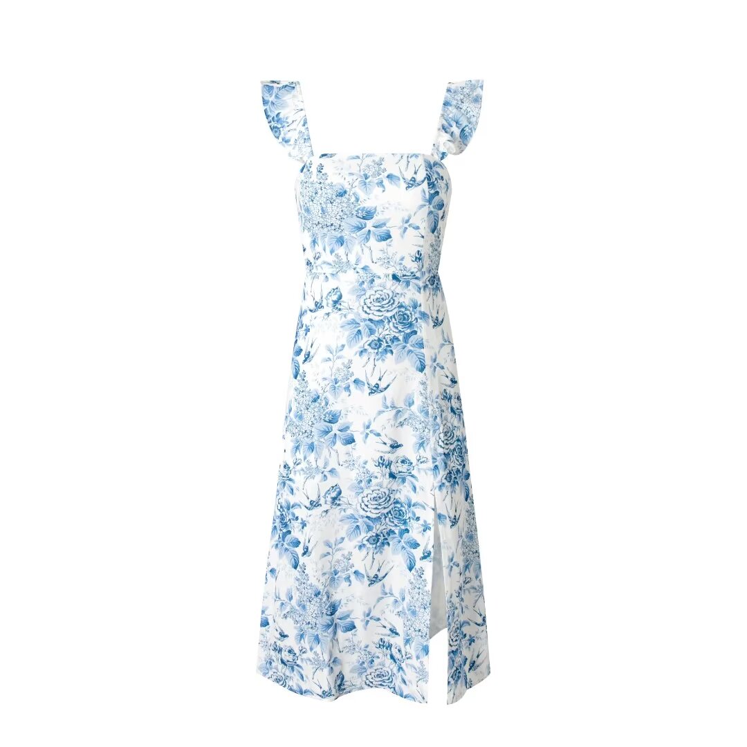 Low Neck Flounced Sleeve Floral Waist Mid Length Dress Ruffled