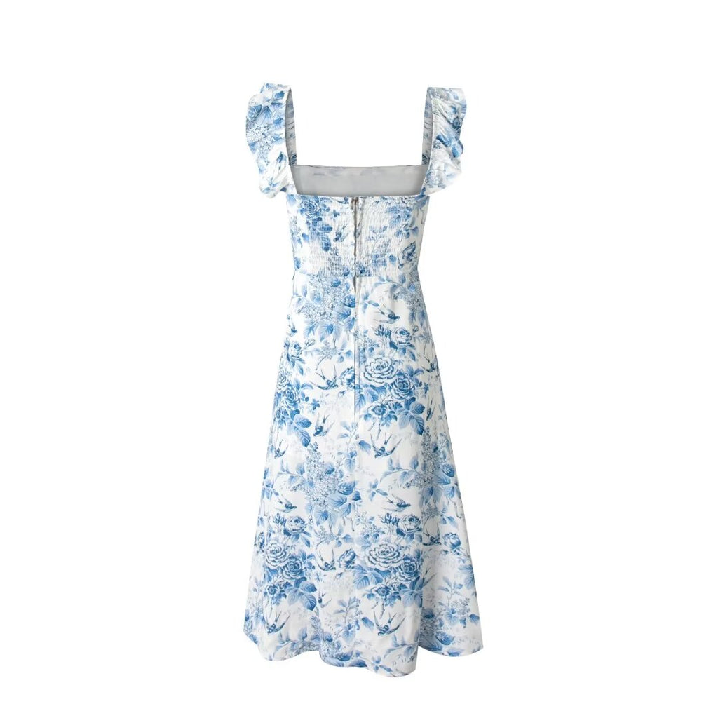Low Neck Flounced Sleeve Floral Waist Mid Length Dress Ruffled