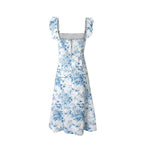 Low Neck Flounced Sleeve Floral Waist Mid Length Dress Ruffled