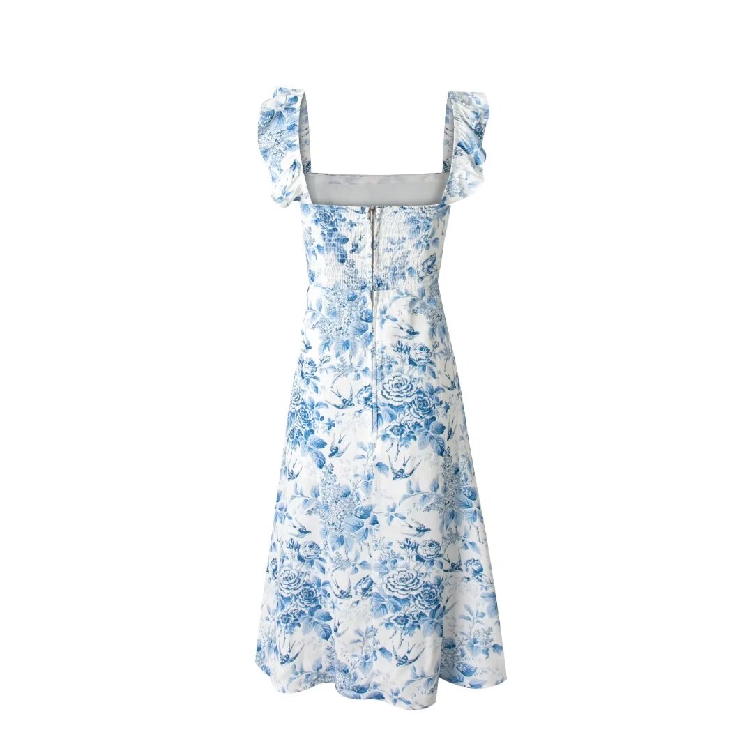 Low Neck Flounced Sleeve Floral Waist Mid Length Dress Ruffled