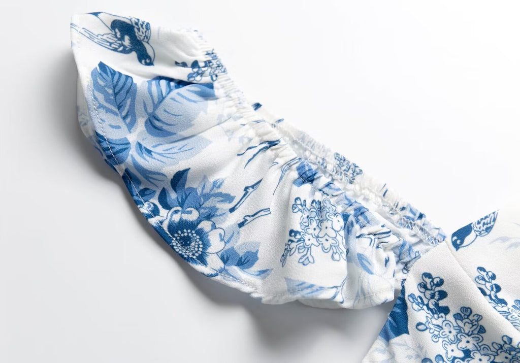 Low Neck Flounced Sleeve Floral Waist Mid Length Dress Ruffled