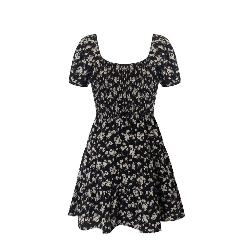 Square-Neck Lace-Up Puff Sleeve Floral Tight Waist Dress