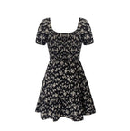 Square-Neck Lace-Up Puff Sleeve Floral Tight Waist Dress
