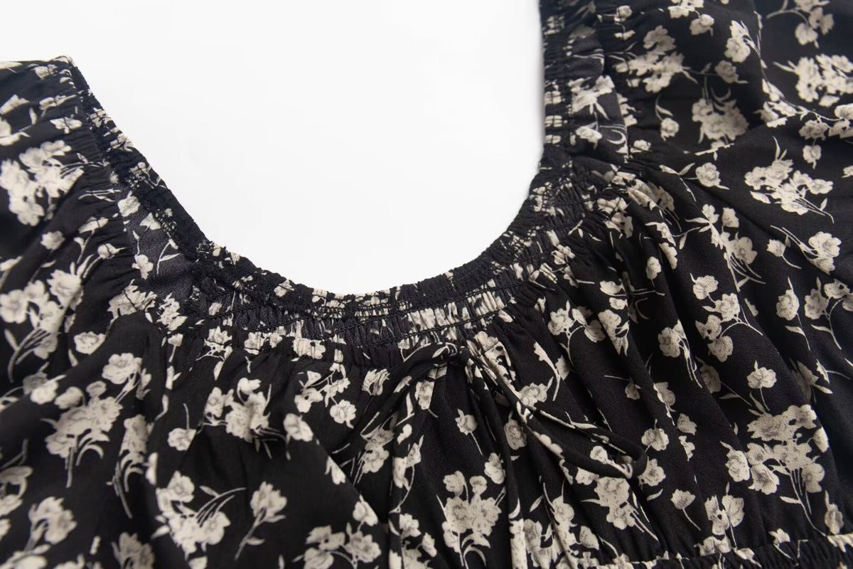 Square-Neck Lace-Up Puff Sleeve Floral Tight Waist Dress