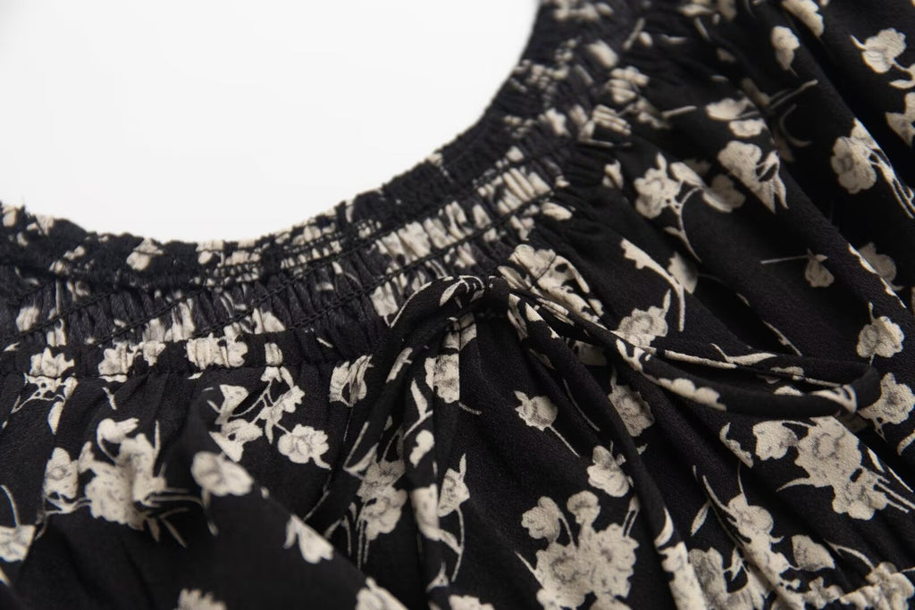 Square-Neck Lace-Up Puff Sleeve Floral Tight Waist Dress