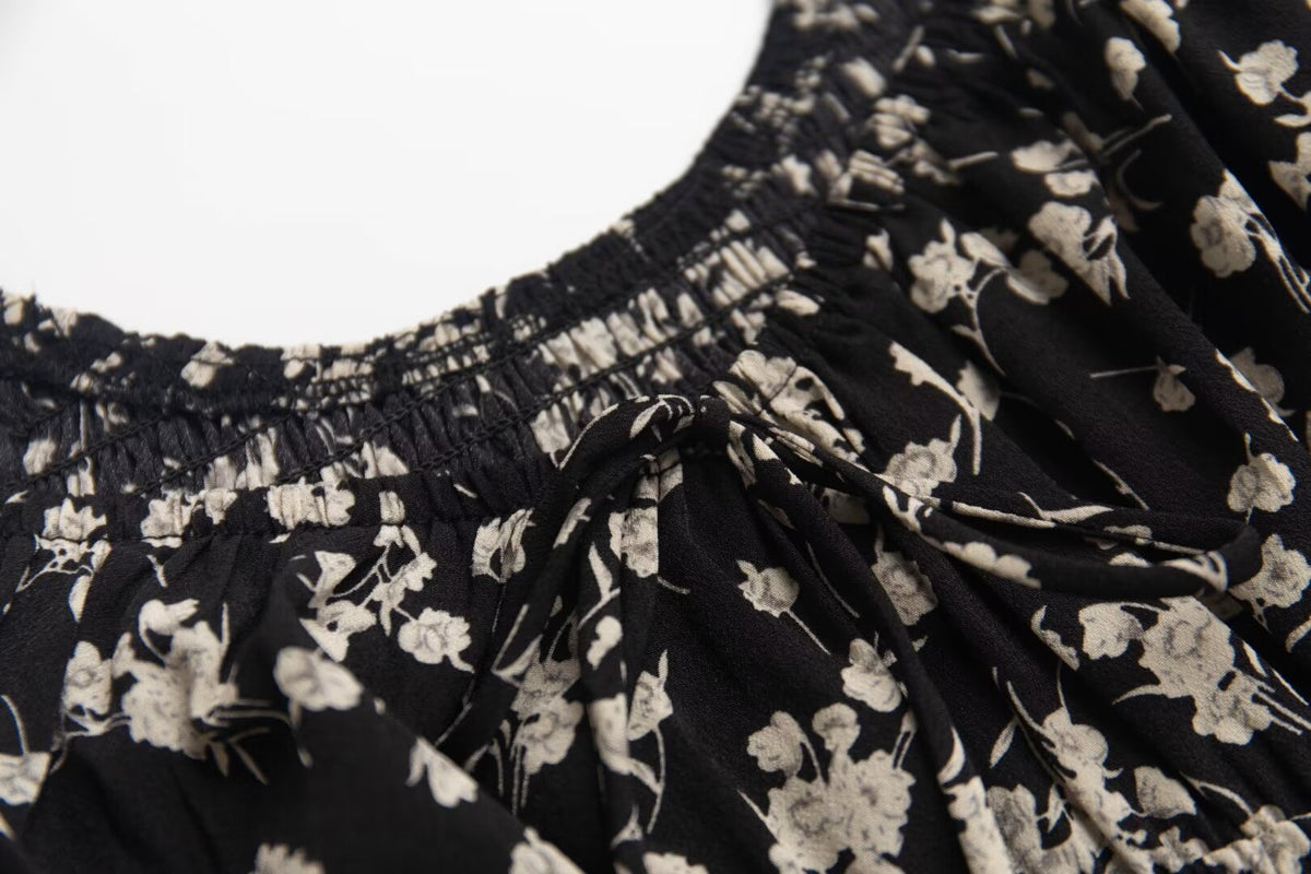 Square-Neck Lace-Up Puff Sleeve Floral Tight Waist Dress