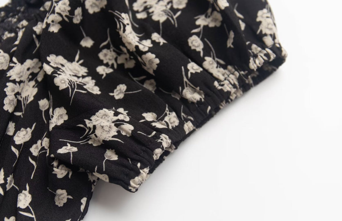 Square-Neck Lace-Up Puff Sleeve Floral Tight Waist Dress