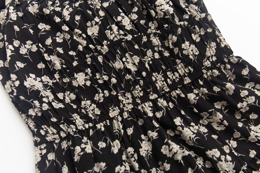 Square-Neck Lace-Up Puff Sleeve Floral Tight Waist Dress