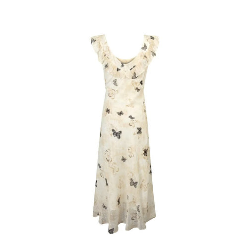 Butterfly Printed Lace up Dress Women Spring Square Collar Dress