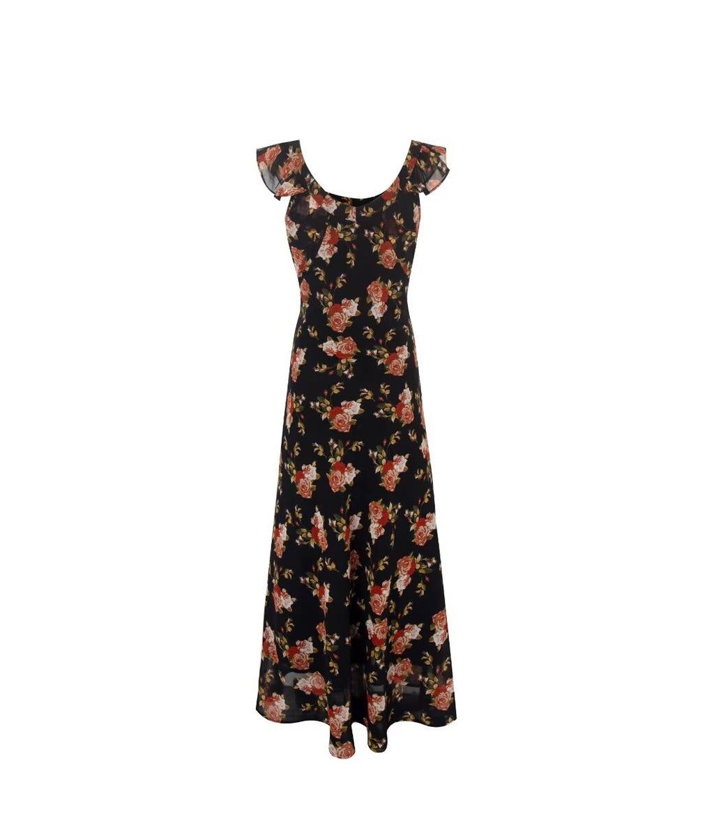 Black Flying Sleeve Floral Summer Vacation Dress