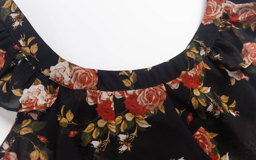 Black Flying Sleeve Floral Summer Vacation Dress