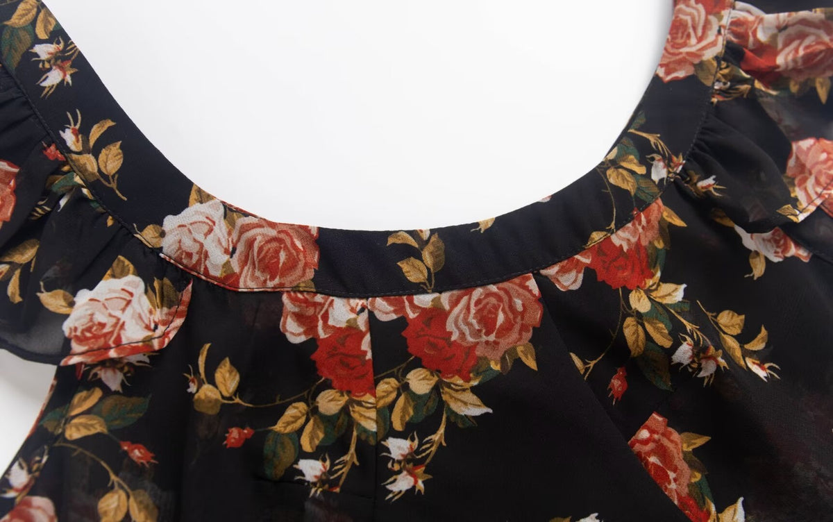 Black Flying Sleeve Floral Summer Vacation Dress