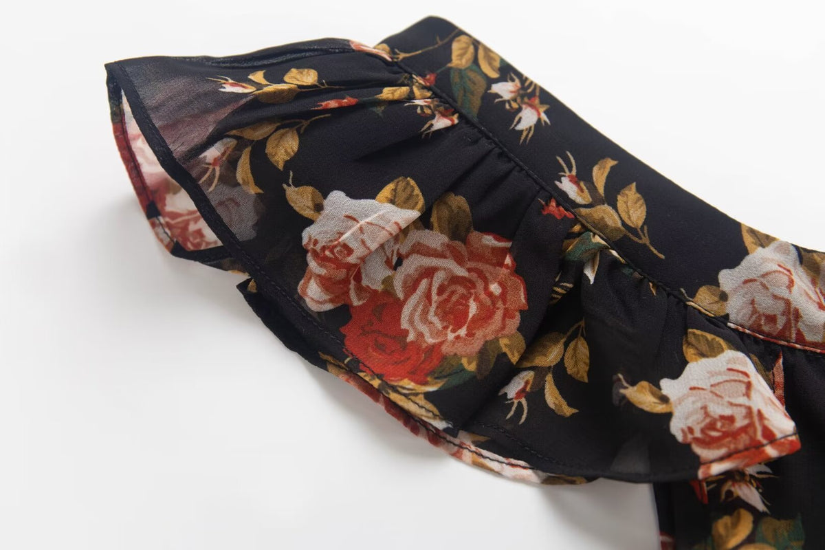Black Flying Sleeve Floral Summer Vacation Dress