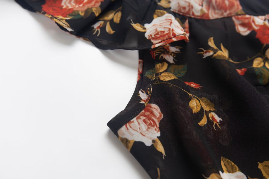 Black Flying Sleeve Floral Summer Vacation Dress