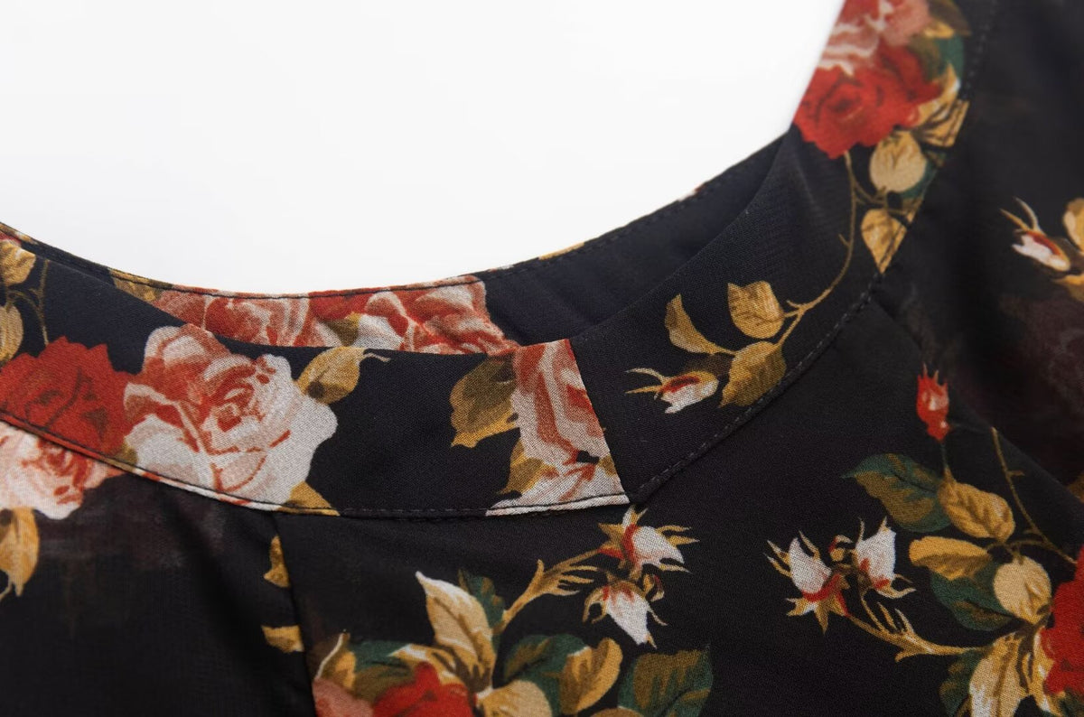 Black Flying Sleeve Floral Summer Vacation Dress