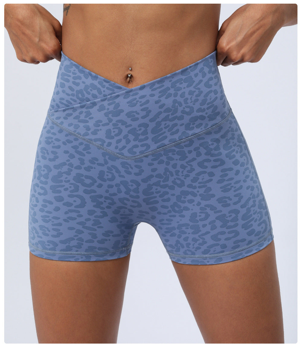 Women's Leopard Yoga Shorts Cross Waist Skinny Peach Bum Lift Shorts Stretch High Waist Running Fitness Shorts
