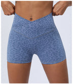 Women's Leopard Yoga Shorts Cross Waist Skinny Peach Bum Lift Shorts Stretch High Waist Running Fitness Shorts