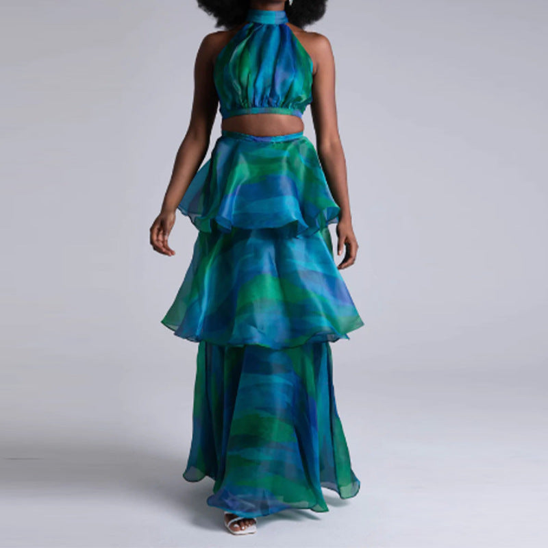 Women's Fall Halter Tie Dye Puffy Tiered Ruffle Maxi Dress